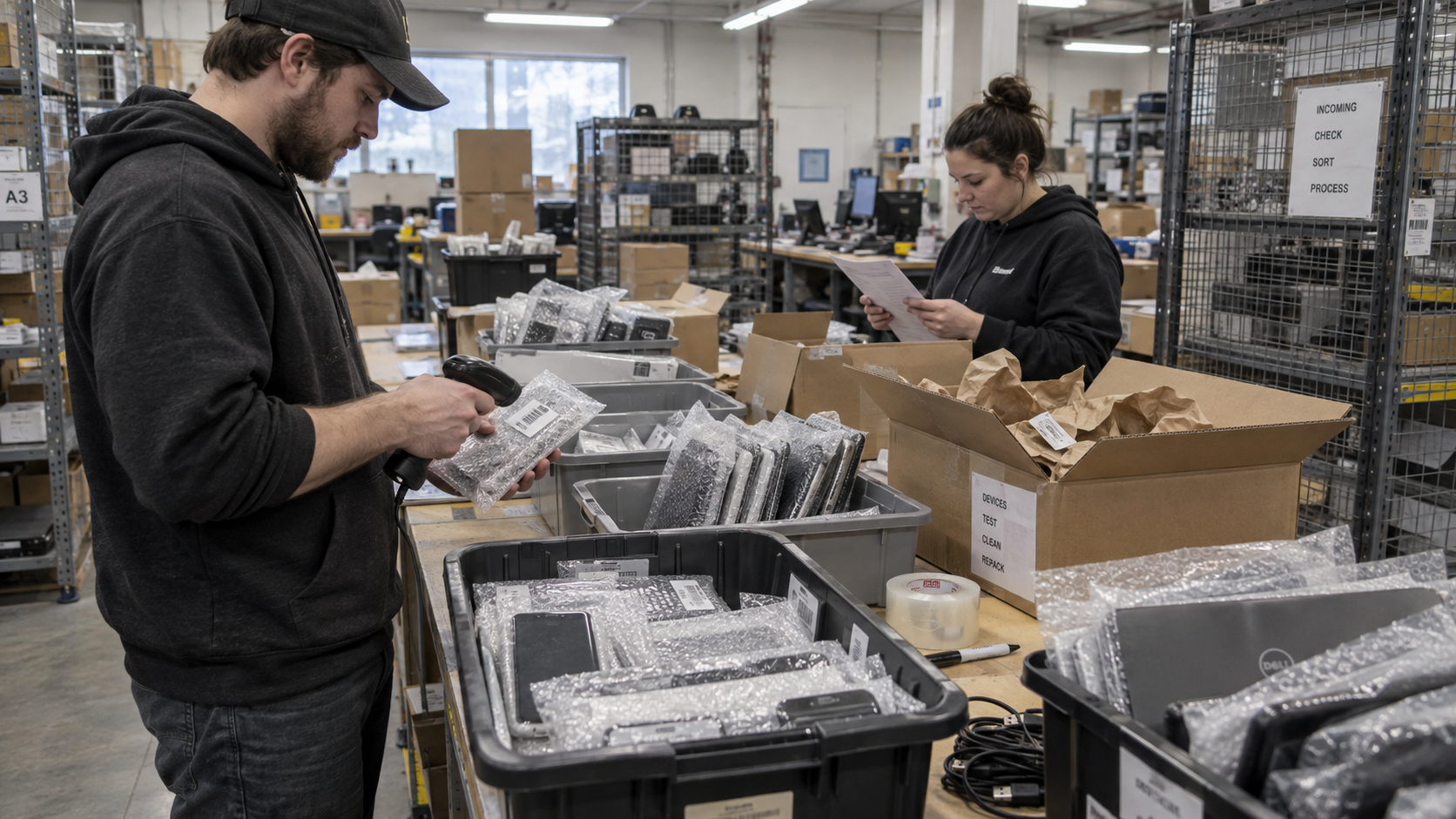 Workers sorting bubble-wrapped wholesale devices into inventory bins