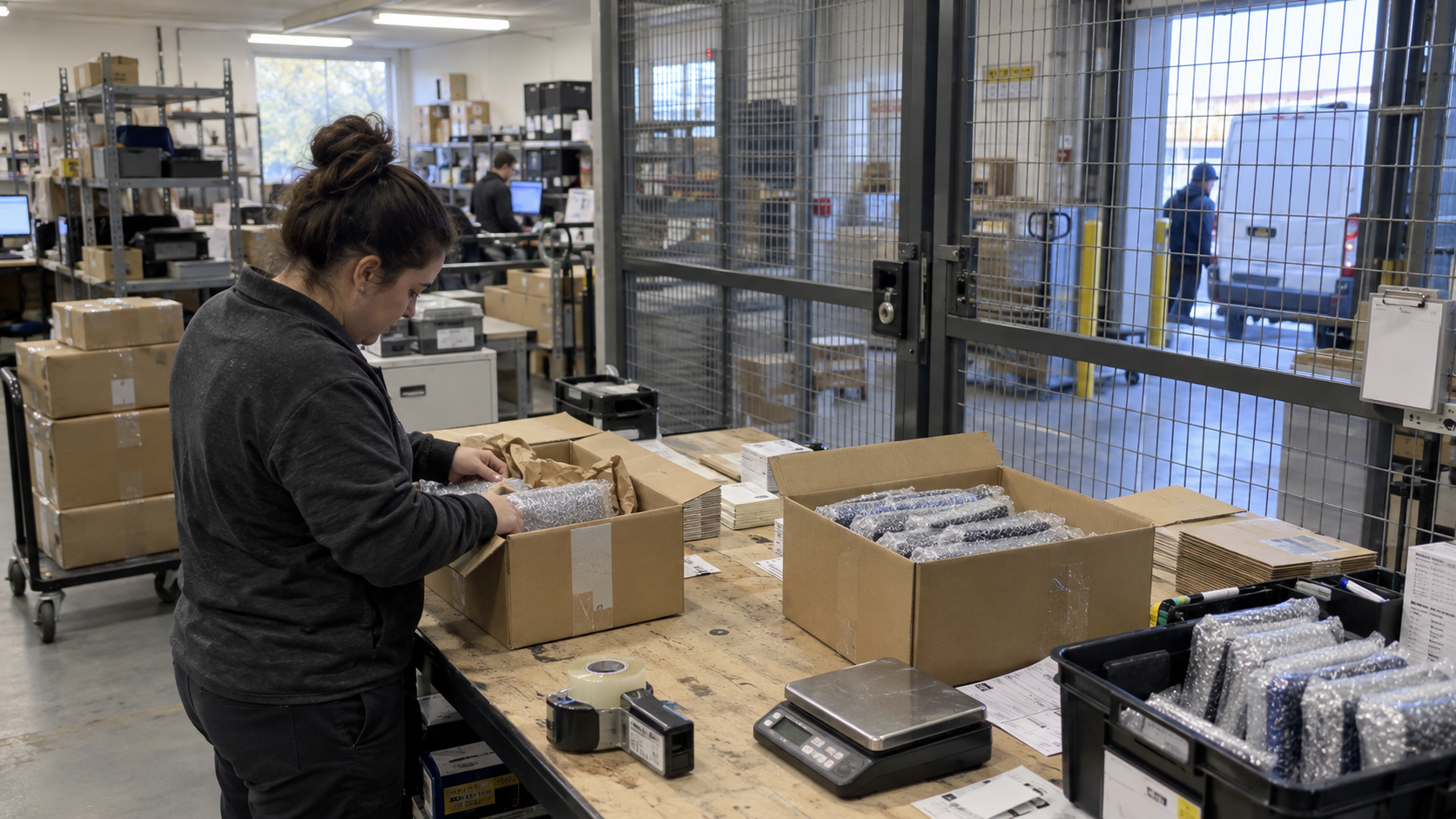 Worker packing protected devices with a security cage separating the dispatch area