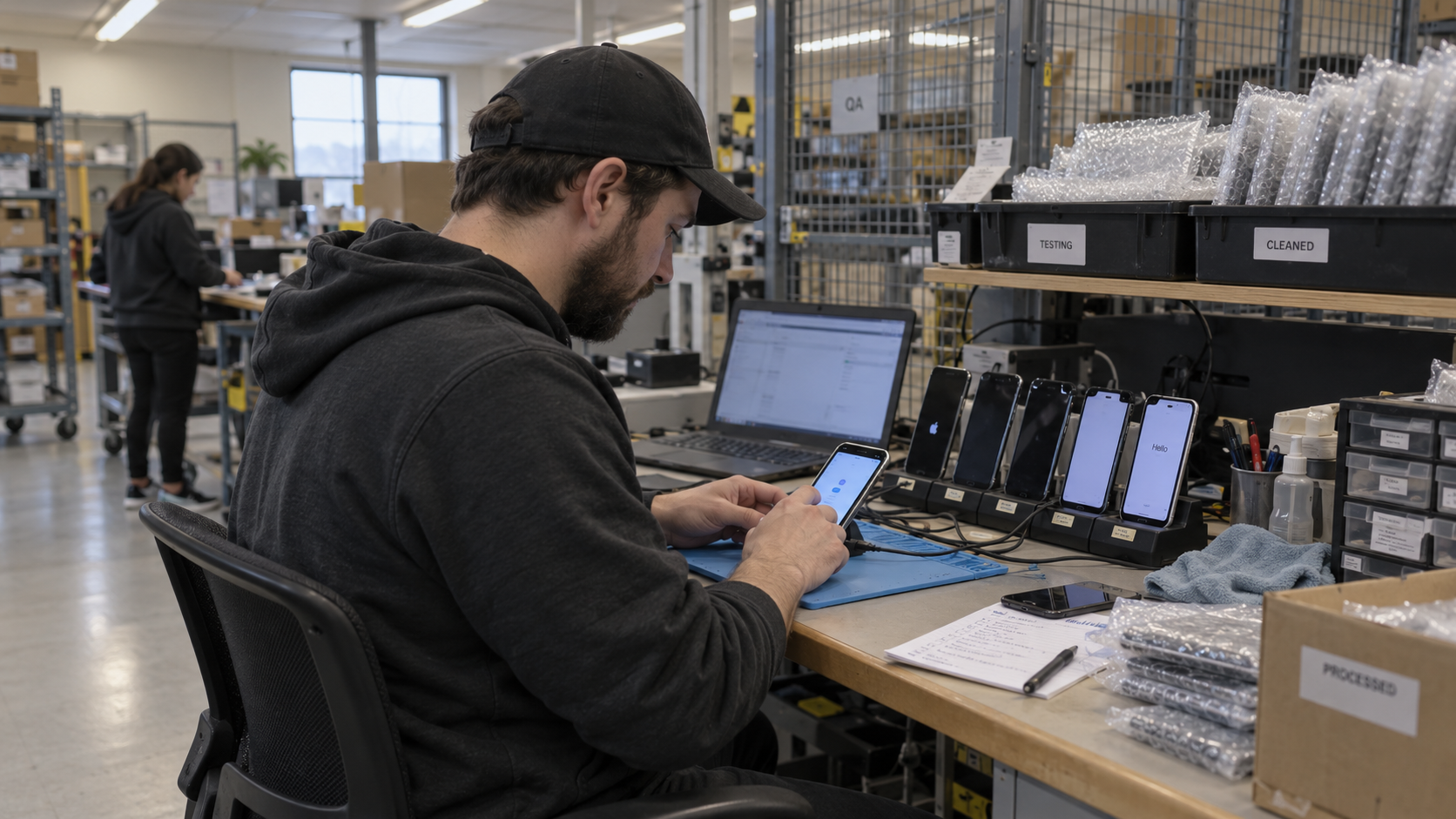 Technician checking smartphones at a working electronics testing bench